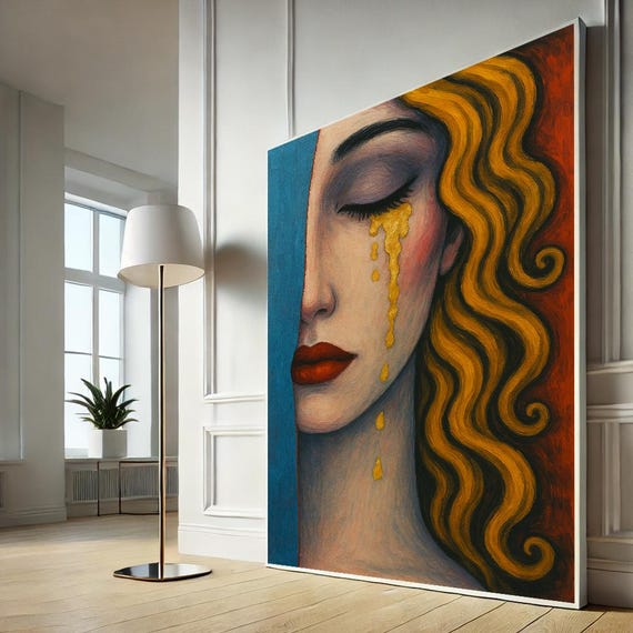 Golden Tears Abstract Woman Canvas Surreal Split Face Wall Art Print With Bold Modern Color Palette