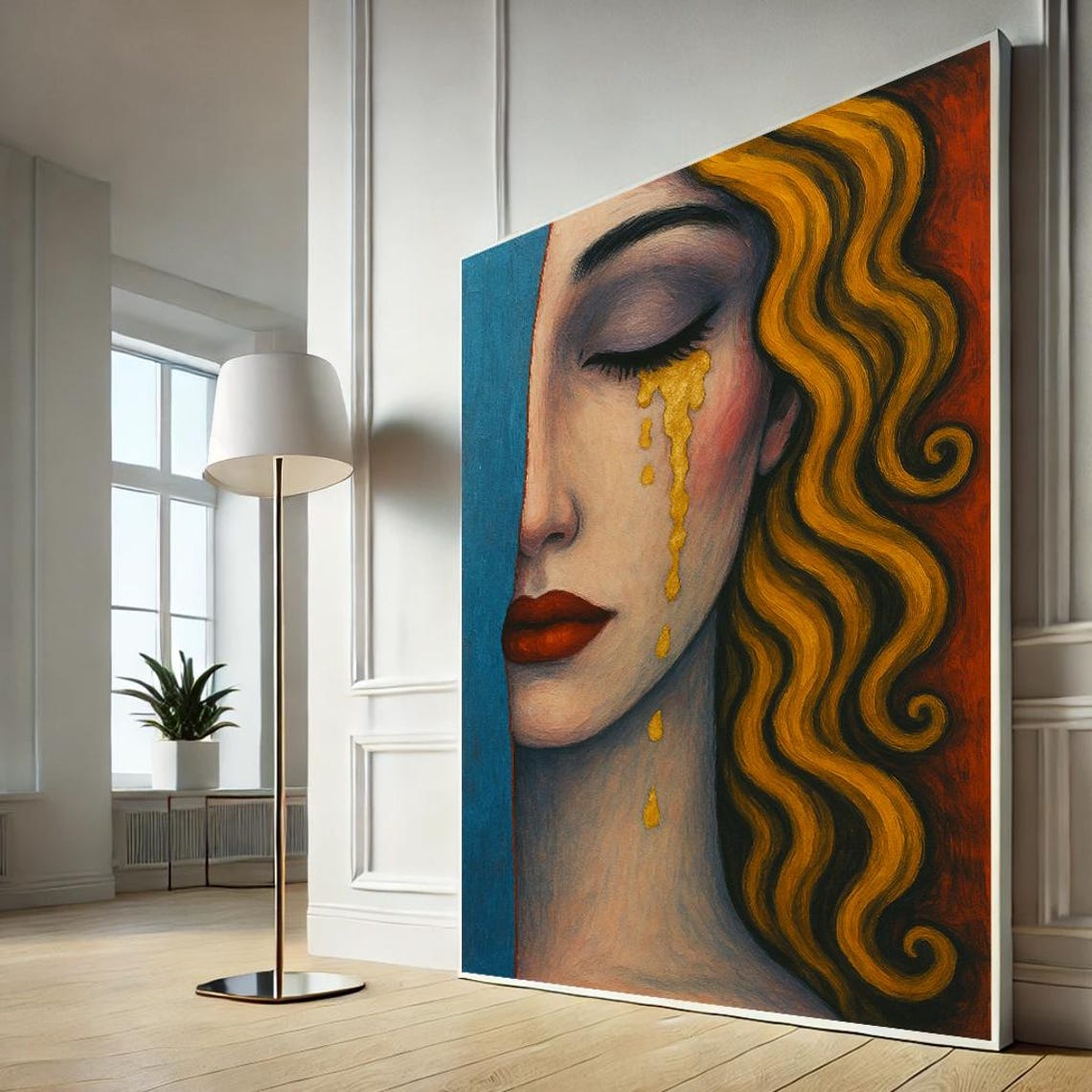 Golden Tears Crying Woman Surreal Split Face Emotional Art Print
