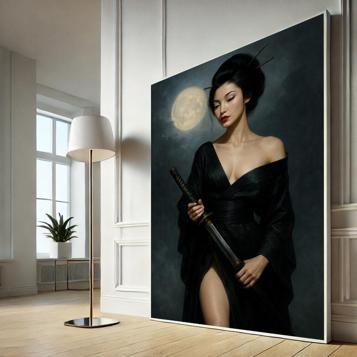 Japanese Woman Samurai Black Kimono Katana Full Moon Night Wall Art