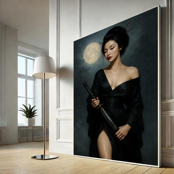 Japanese Woman Samurai Black Kimono Katana Full Moon Night Wall Art