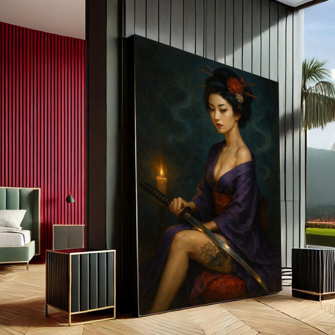 Japanese Geisha Warrior Katana Candlelight Moody Oil Painting Print