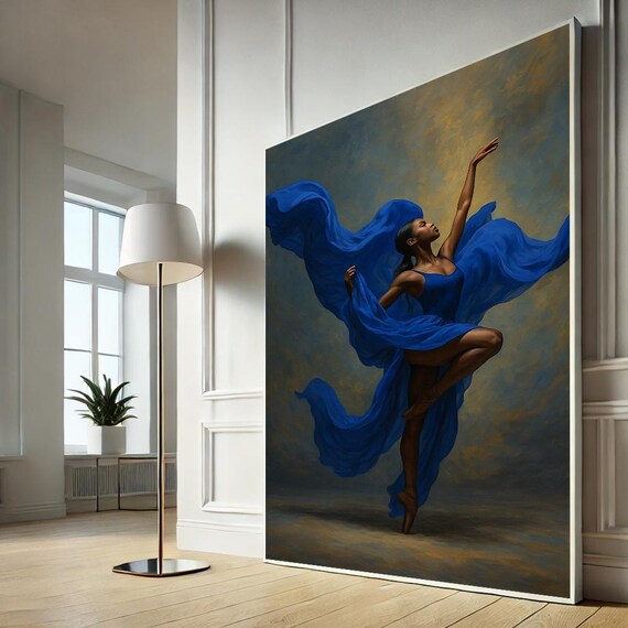 Graceful Blue Ballet Dancer Flowing Fabric Dark Elegant Art Poster