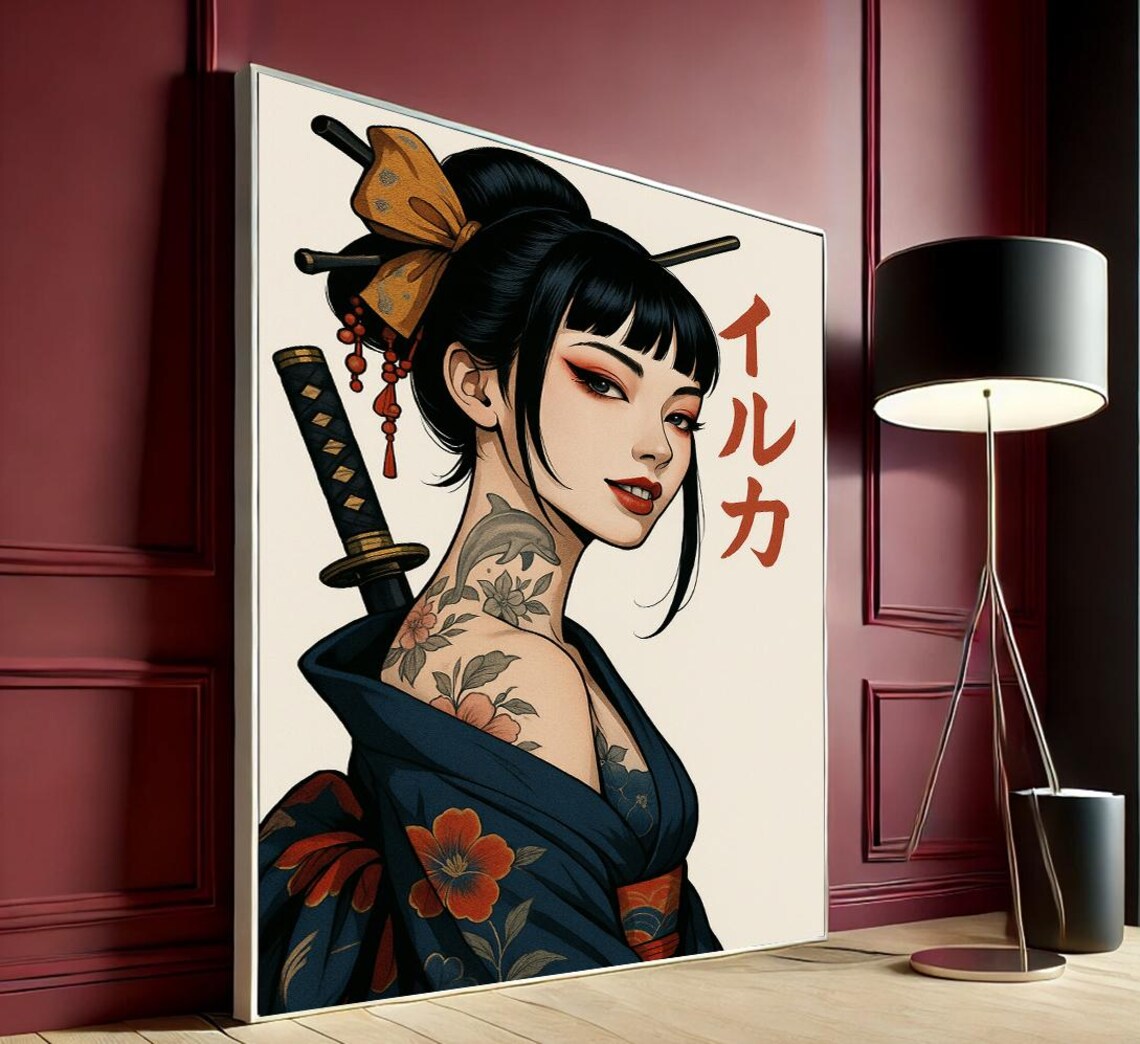 Anime Style Geisha Warrior Katana Tattoo Japanese Illustration Poster