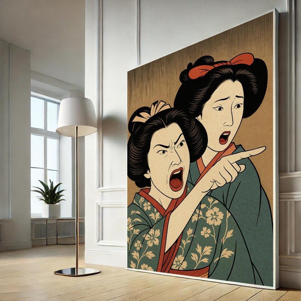 Two Japanese Geisha Women Arguing Ukiyo E Style Humorous Art Poster