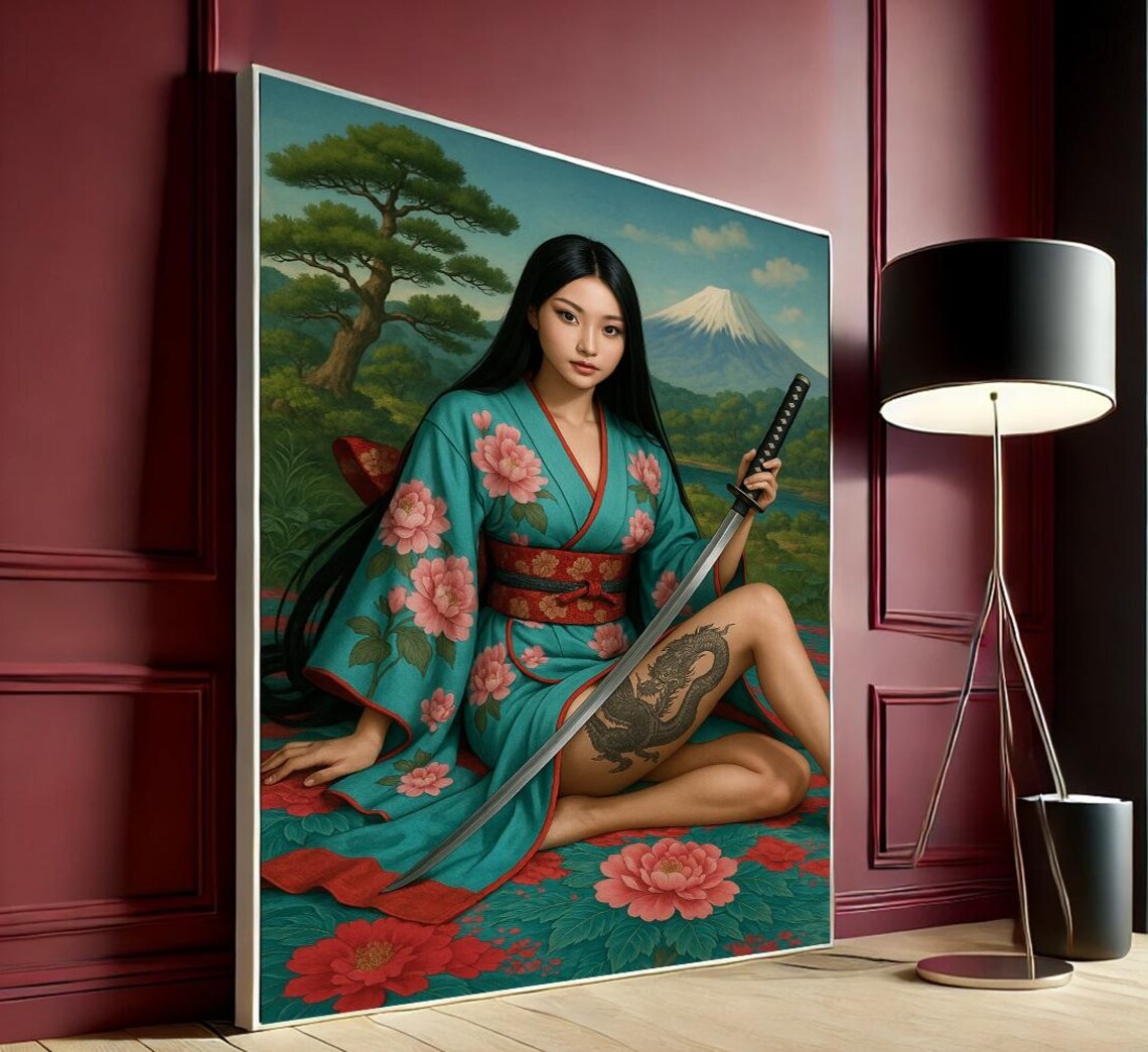 Japanese Kimono Warrior Woman Katana Dragon Tattoo Mt Fuji Poster