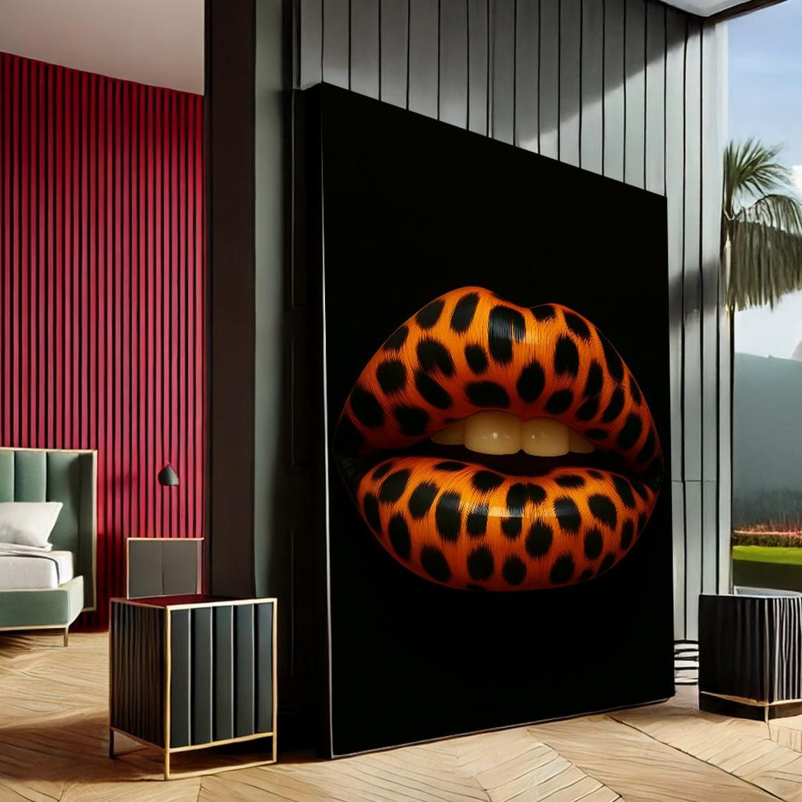 Bold Leopard Print Lips Modern Canvas Wall Art Black Orange Living Room Decor Statement Piece