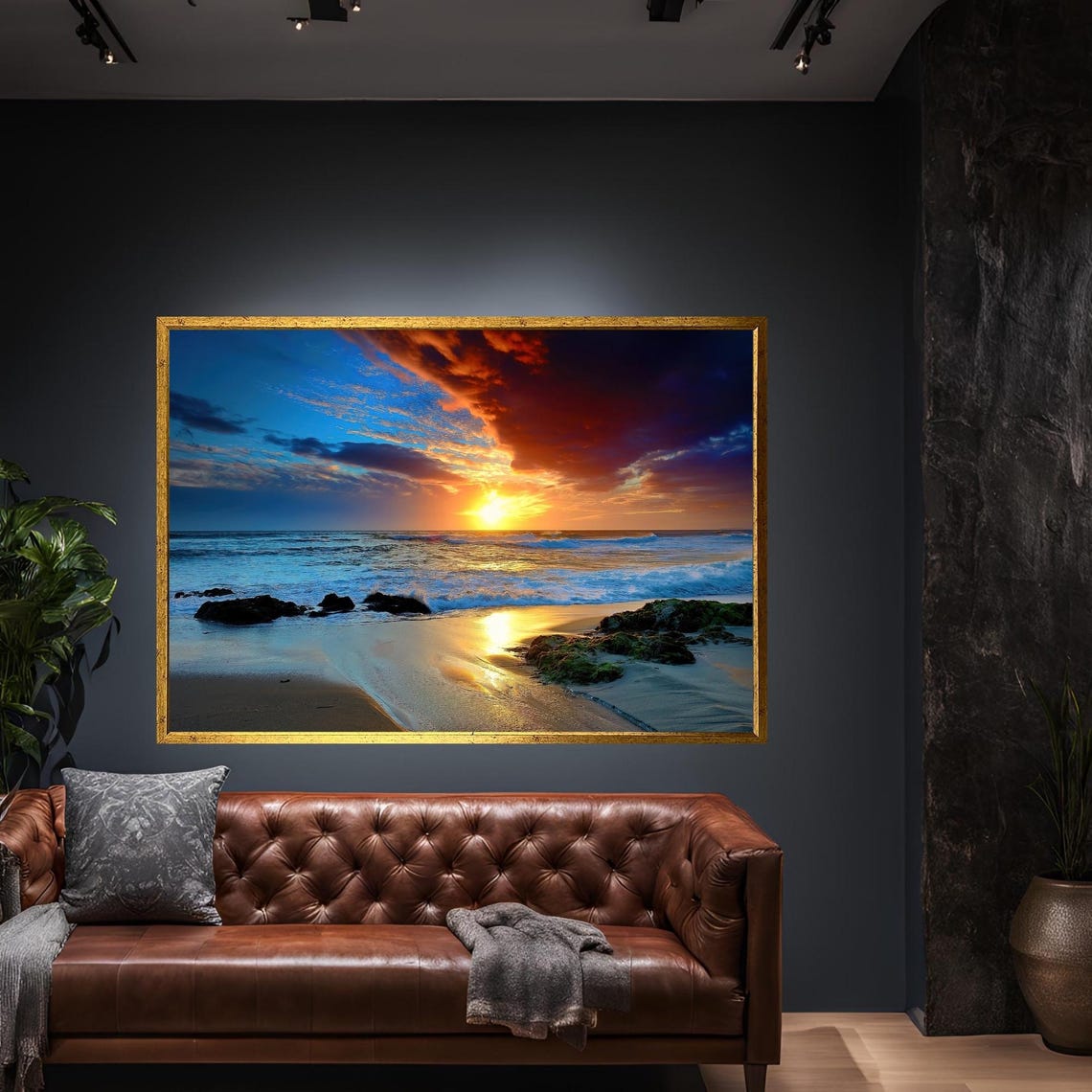 Ocean Sunset Dramatic Clouds Rocky Beach Waves Photography Poster