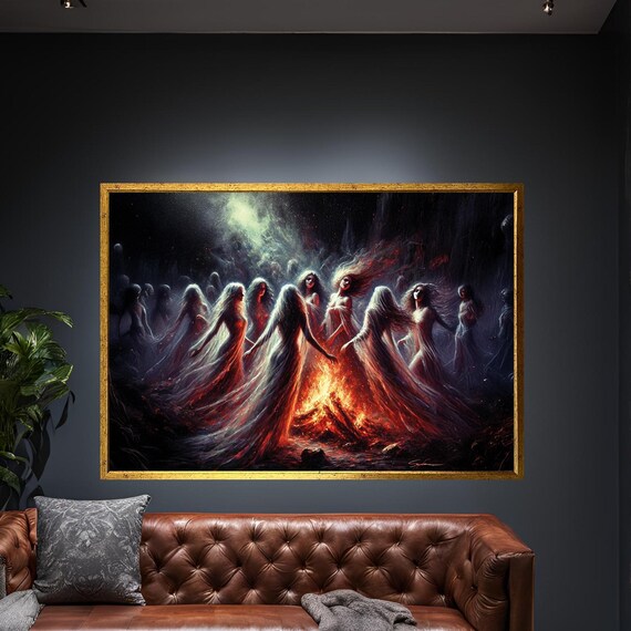Mystical Fire Dance Canvas Wall Art Enchanted Witches Ritual Large Framed Decor Bohemian Magic Gift Gothic Witchy
