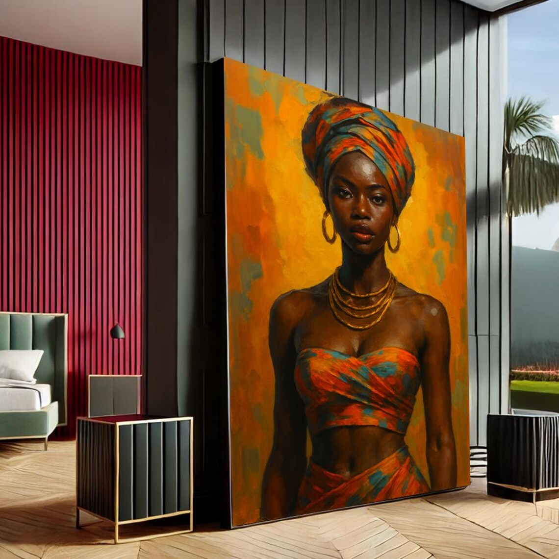 Regal African Woman Orange Headwrap Golden Portrait Wall Art