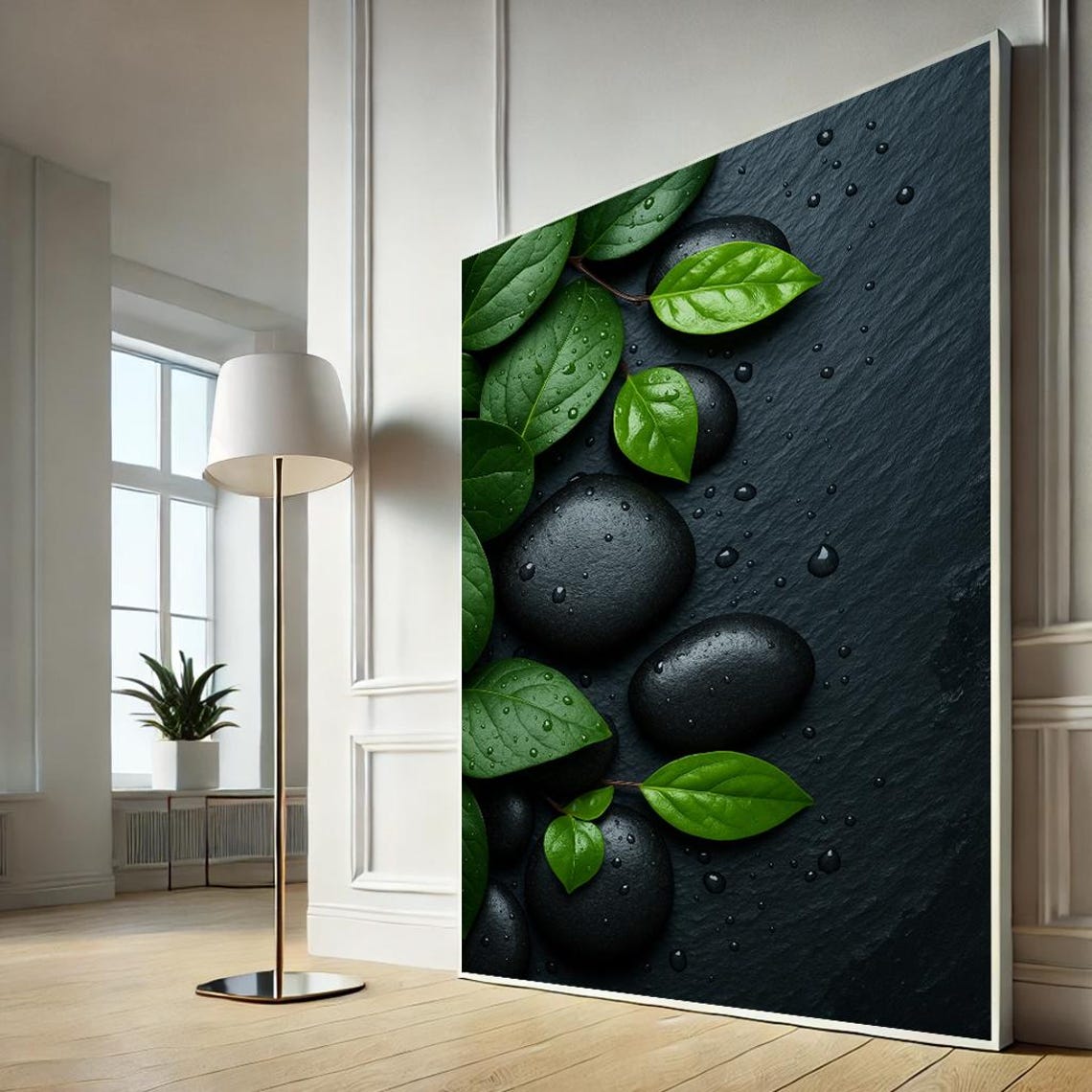Zen Stones With Green Leaves Canvas Wall Art Print Spa Relaxation Nature Poster Minimalist Home Decor