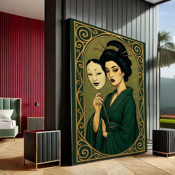 Geisha in Green Kimono Holding Mask Ornate Gold Border Art Poster
