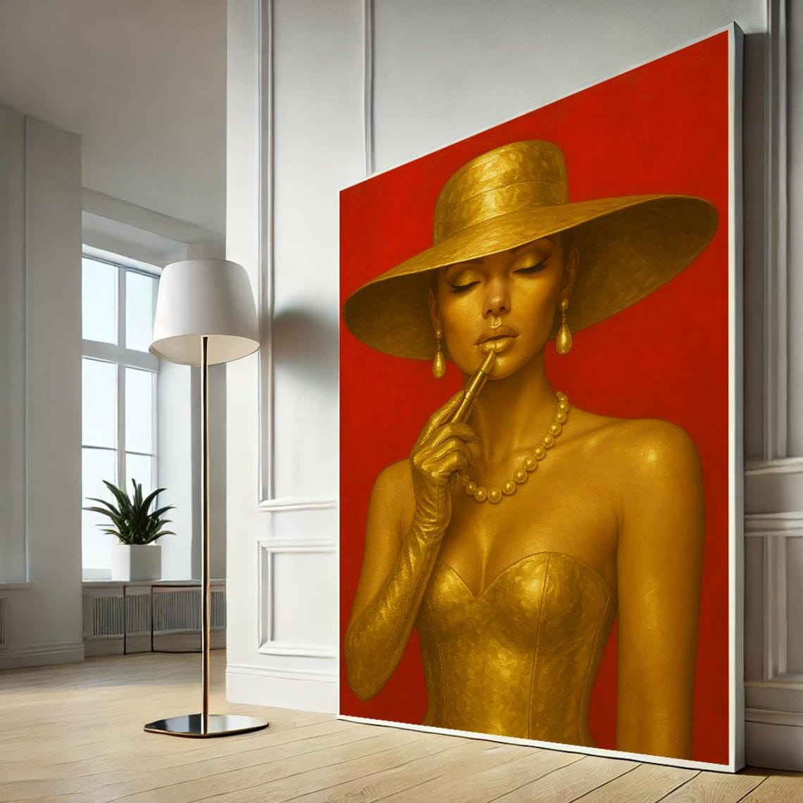 Golden Woman Red Background Glamour Fashion Portrait Wall Art