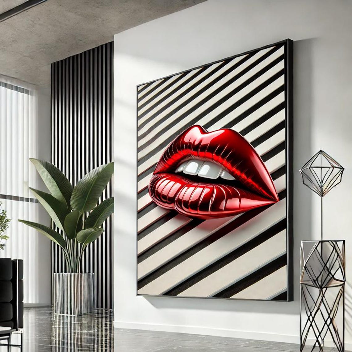 Bold Glossy Red Lips on Diagonal Stripes Pop Art Fashion Poster