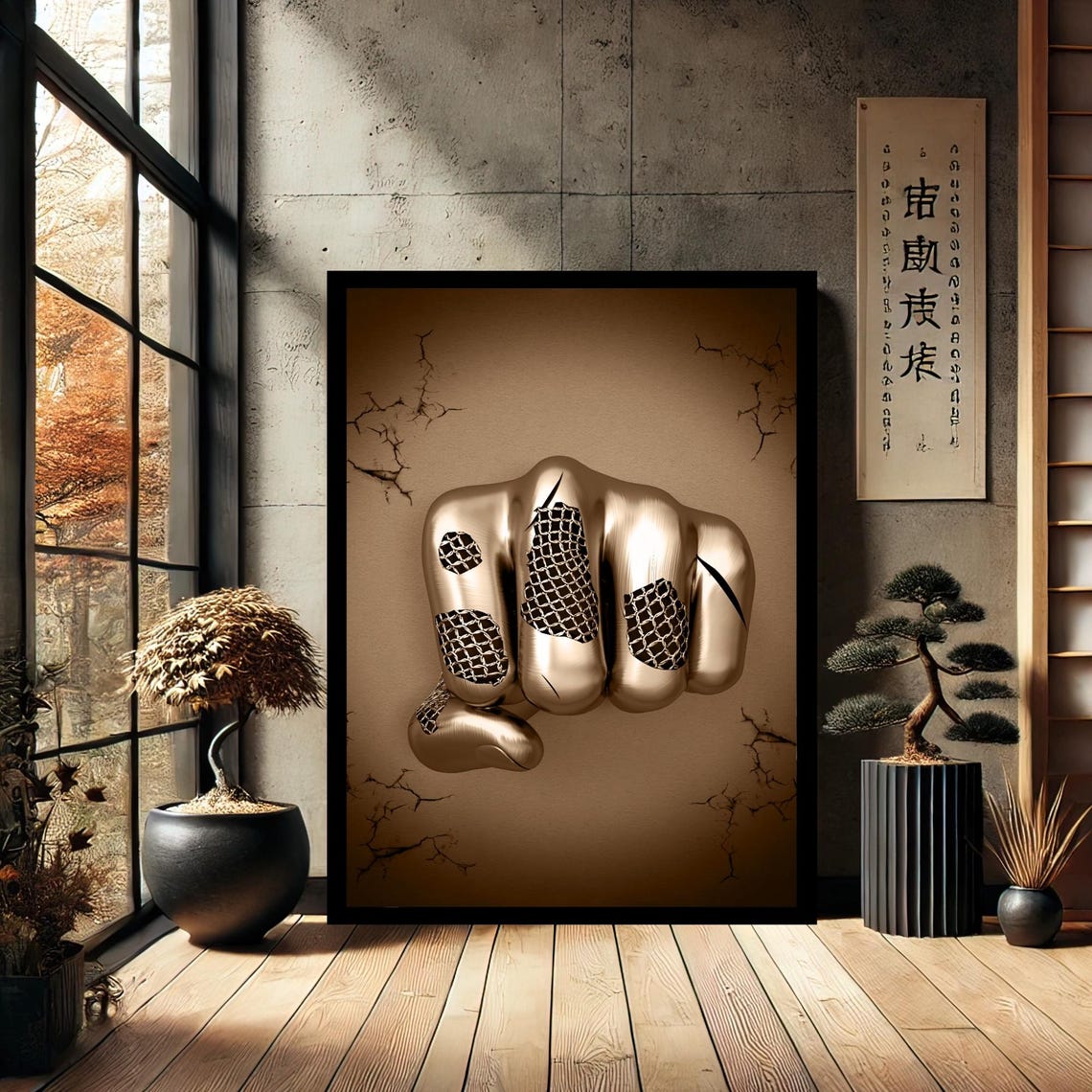 Golden Metallic Fist Breaking Through Cracked Wall 3D Art Poster