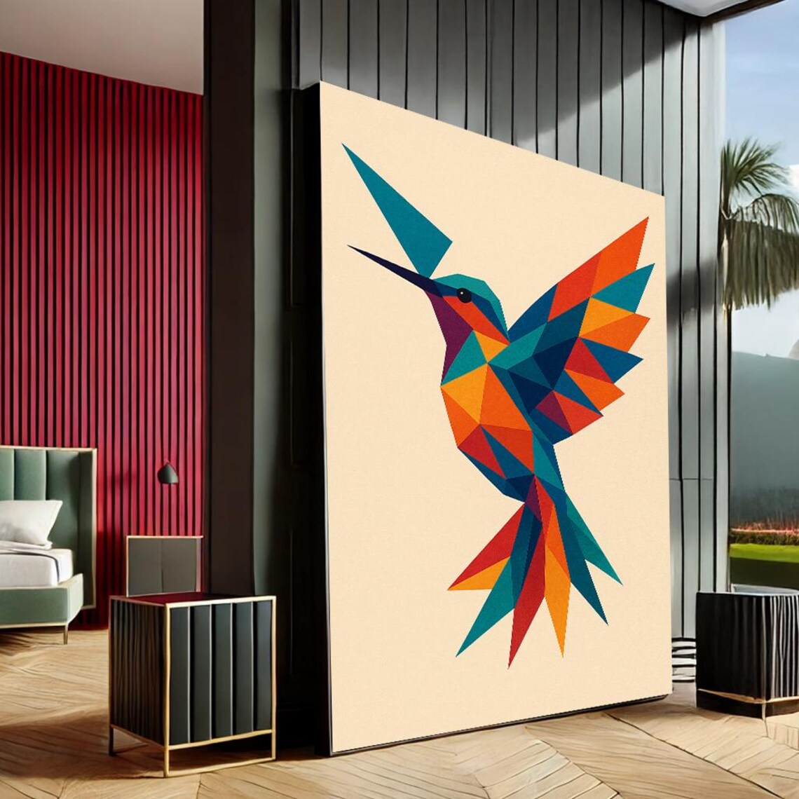 Colorful Geometric Hummingbird Low Poly Abstract Bird Art Poster