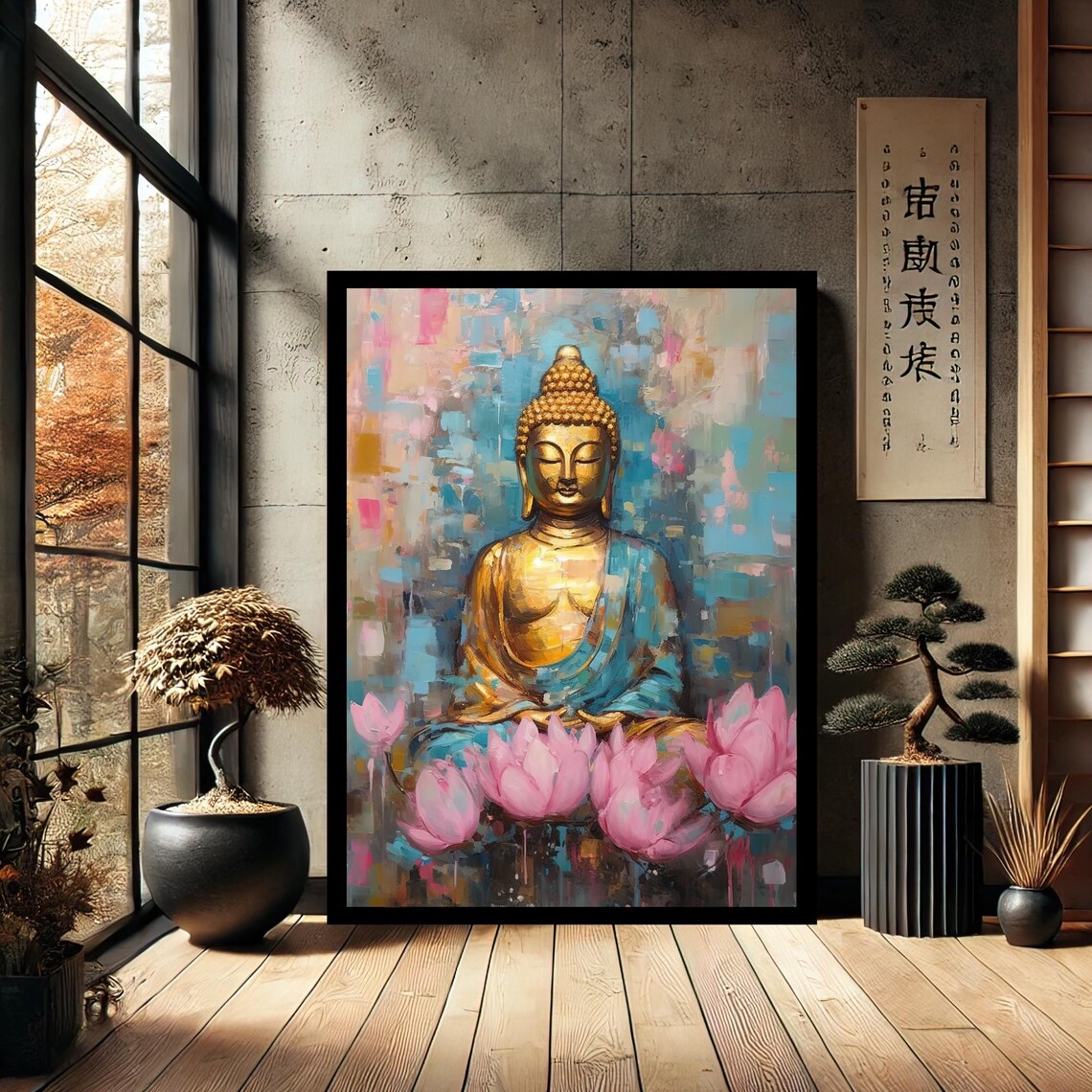 Golden Buddha Pink Lotus Flowers Meditation Spiritual Poster Art