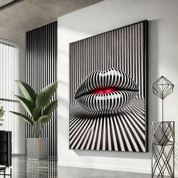 Glossy Striped 3D Lips Red Accent Optical Illusion Art Poster