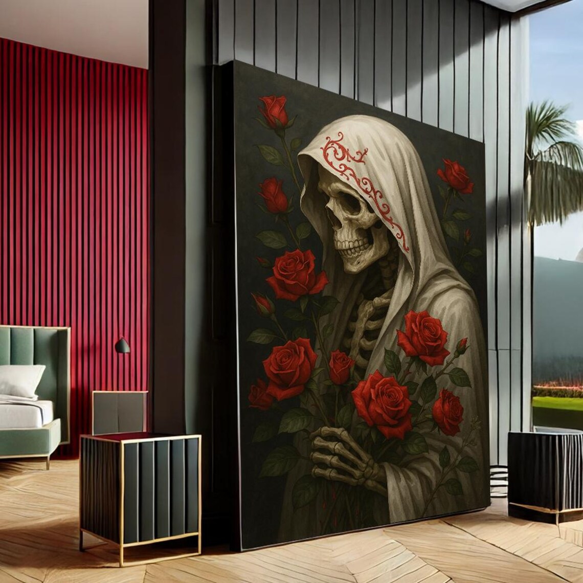 Mystical Skeleton With Roses Gothic Canvas Wall Art Print Red Black Living Room Decor Statement Piece