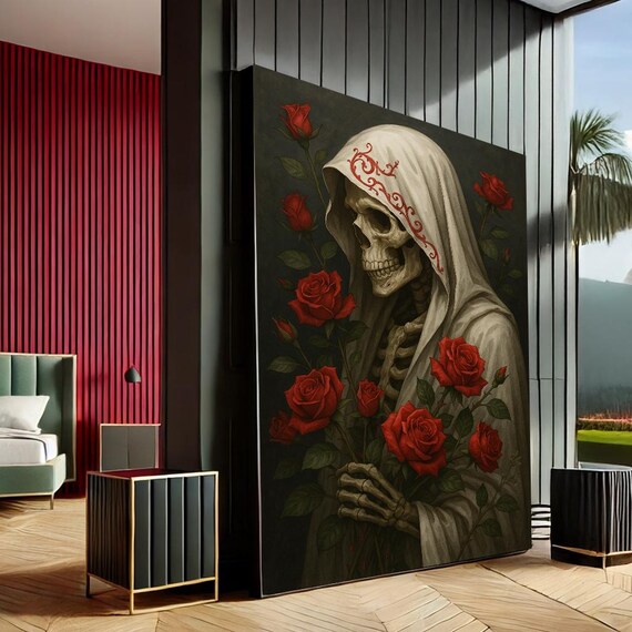 Mystical Skeleton With Roses Gothic Canvas Wall Art Print Red Black Living Room Decor Statement Piece