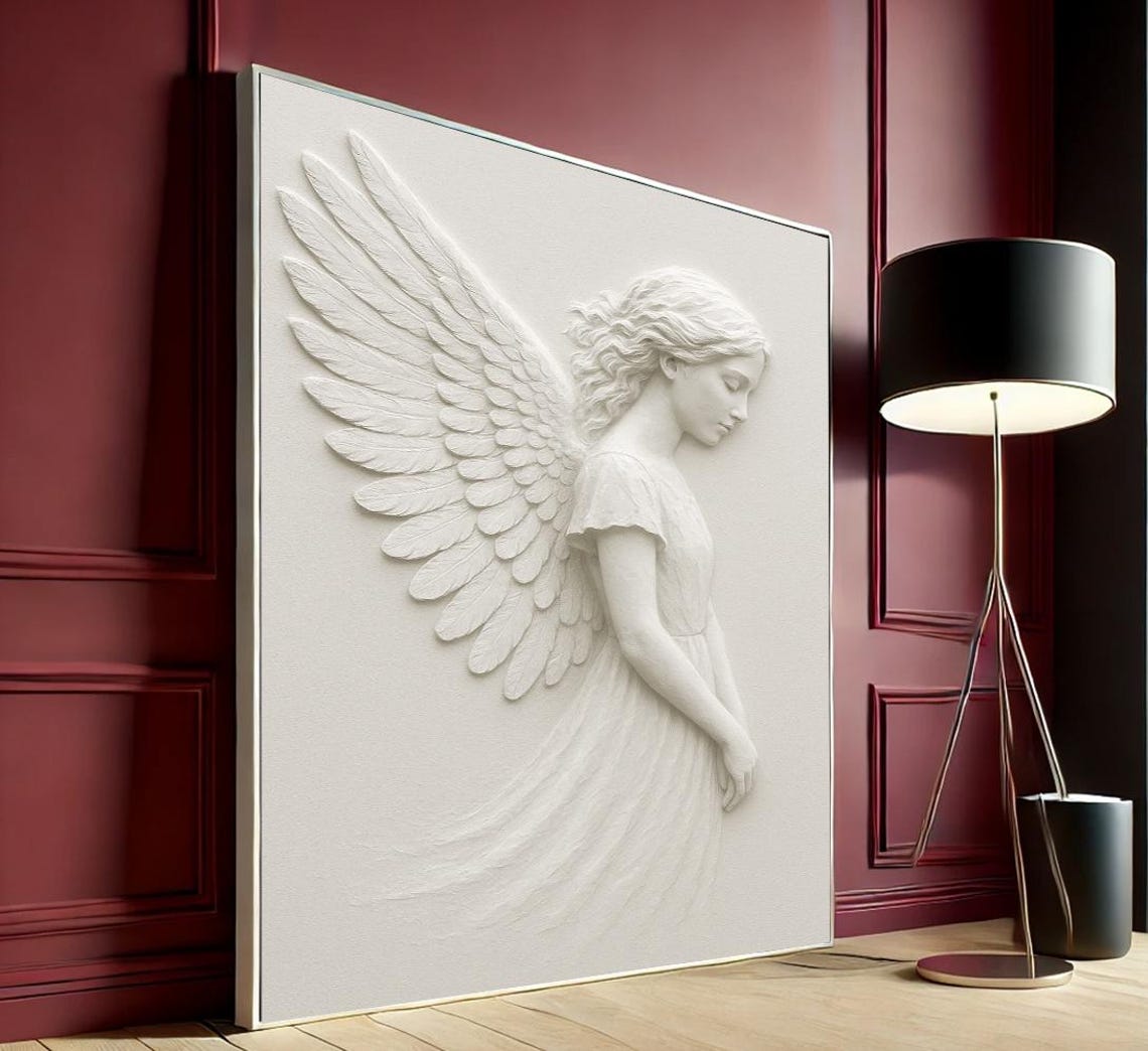 White Angel Relief Sculpture Spiritual Serene Wall Decor Poster