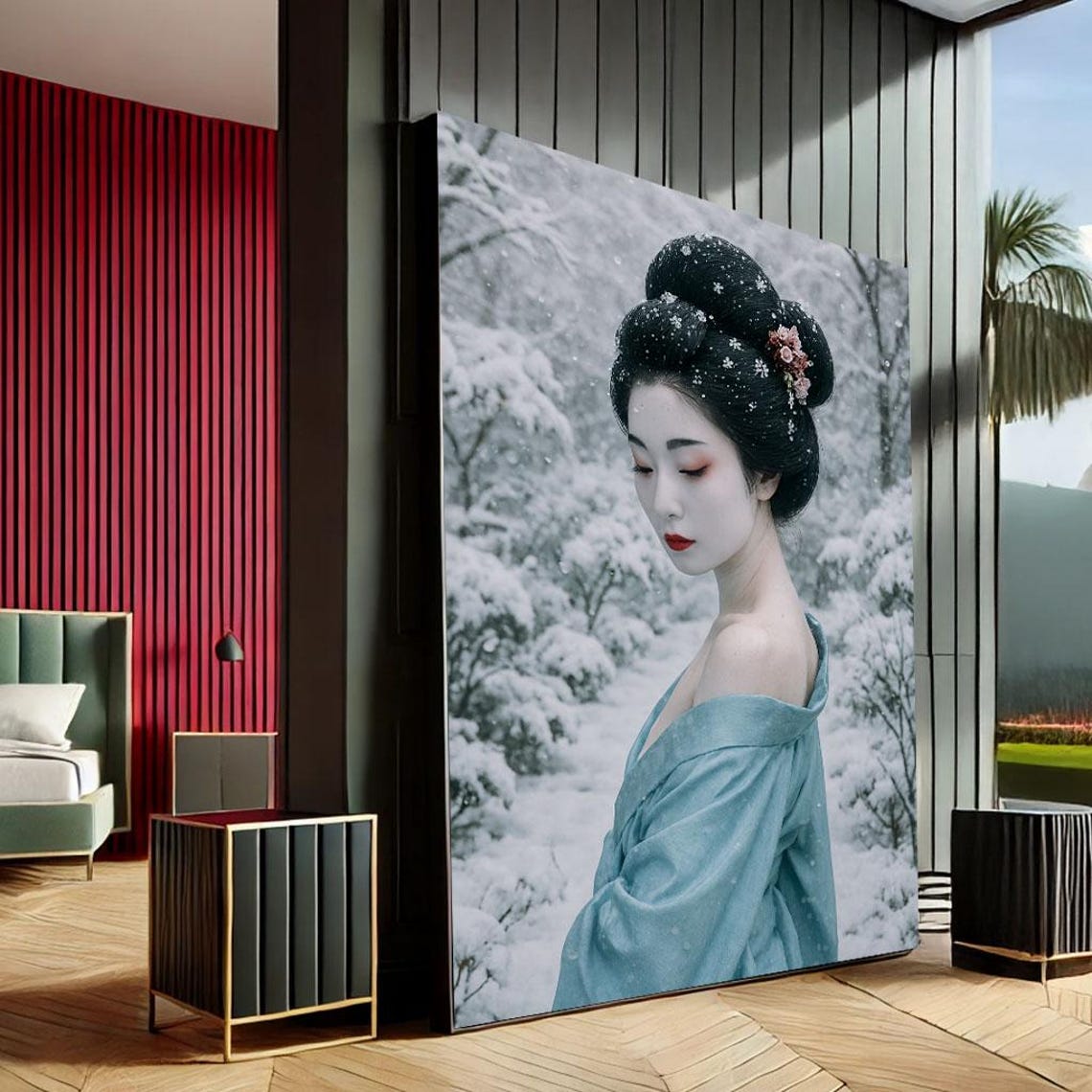 Serene Geisha Blue Kimono Snowy Forest Winter Japanese Art Poster