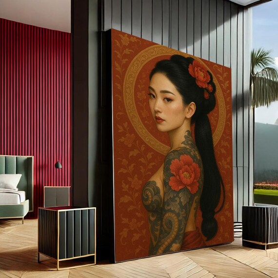 Tattooed Asian Woman Red Gold Ornamental Portrait Painting Poster