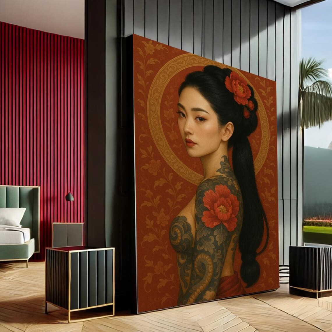 Tattooed Asian Woman Red Gold Ornamental Portrait Painting Poster
