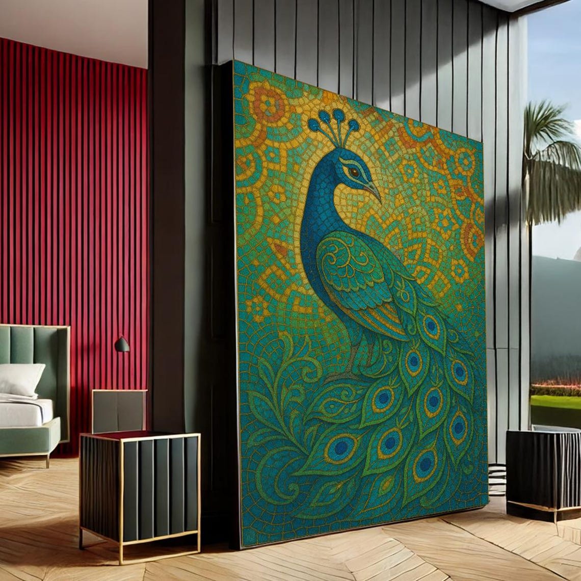 Peacock Mosaic Art Poster Teal Gold Ornamental Bird Wall Decor