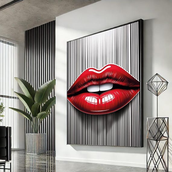 Woman Lips Pop Art Canvas Red Wall Modern Trendy Fashion Artwork Statement Home Accent Unique Gift For Lovers