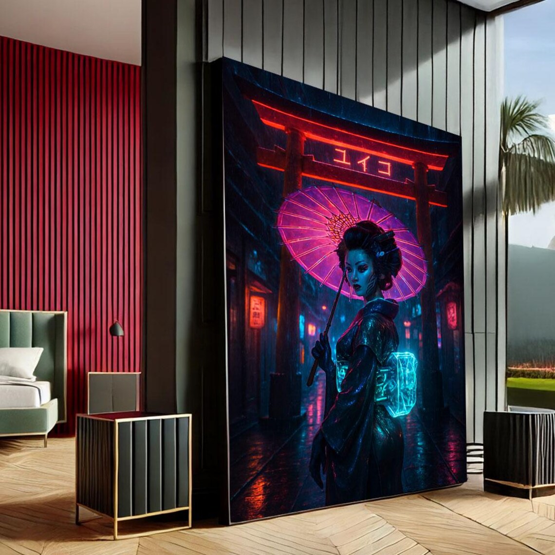 Cyberpunk Geisha Neon Umbrella Canvas Wall Art Japanese Night Rain