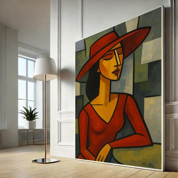 Picasso Inspired Cubist Woman Canvas Red Hat Abstract Portrait Modern Wall Art Print Geometric Ready To Hang