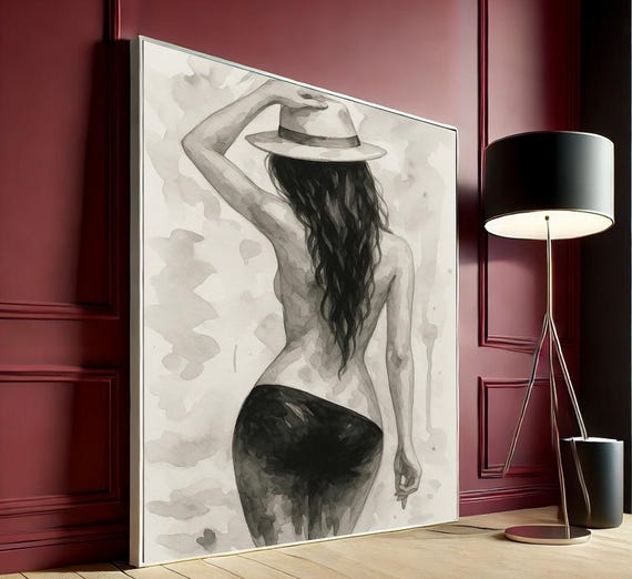 Watercolor Nude Woman Canvas Black And White Sensual Art Print Hat Back Pose Poster Modern Minimal Decor Wall Ready To Hang