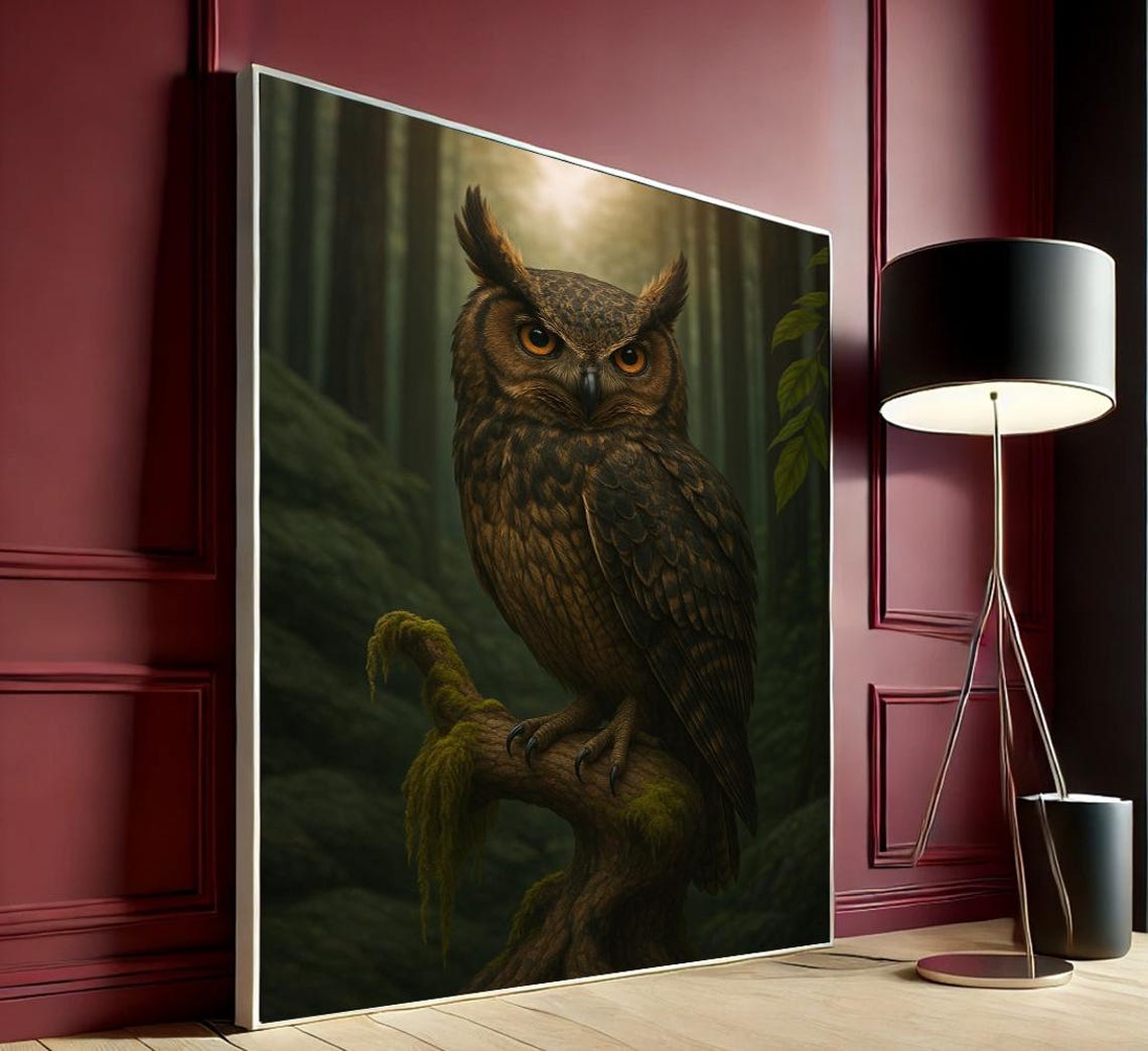 Majestic Brown Owl Mossy Branch Misty Forest Wildlife Art Poster