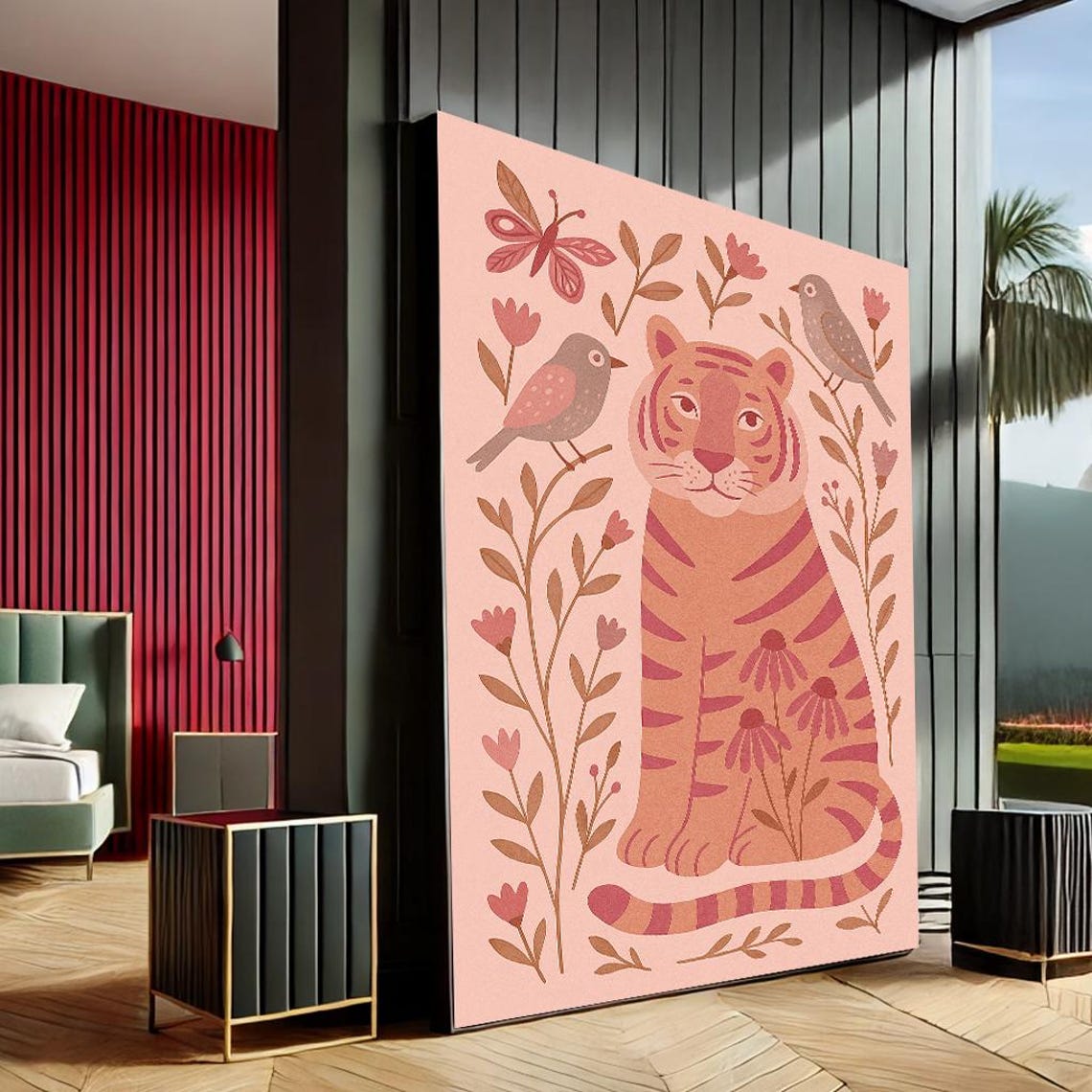 Whimsical Tiger Flowers Birds Pink Nursery Illustration Poster
