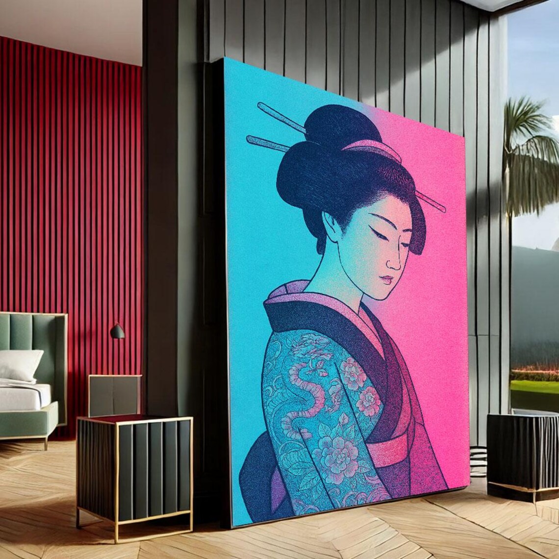 Neon Pop Art Geisha Dragon Tattoo Japanese Cyberpunk Art Print