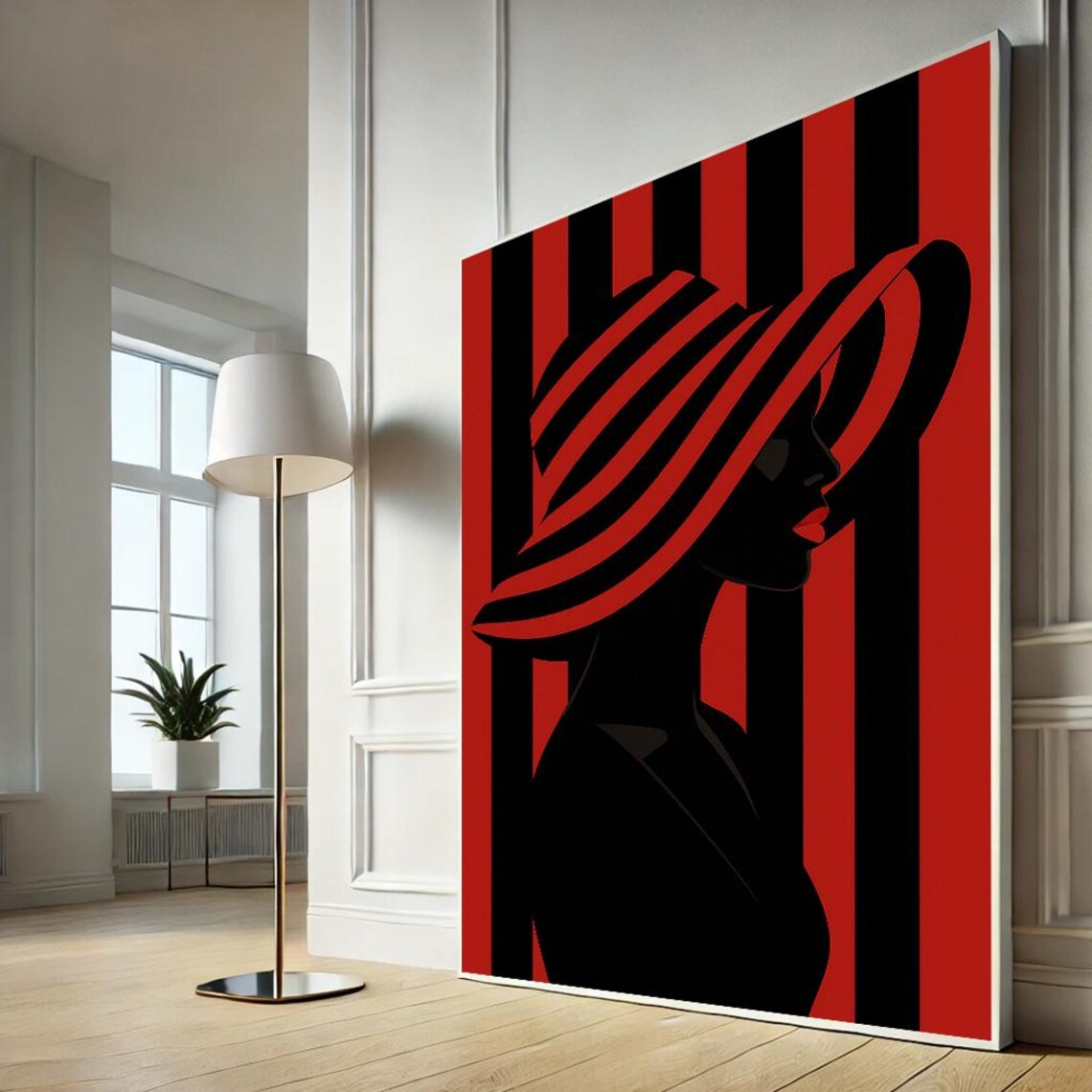 Red Black Striped Silhouette Woman Art Print with Wide Sun Hat