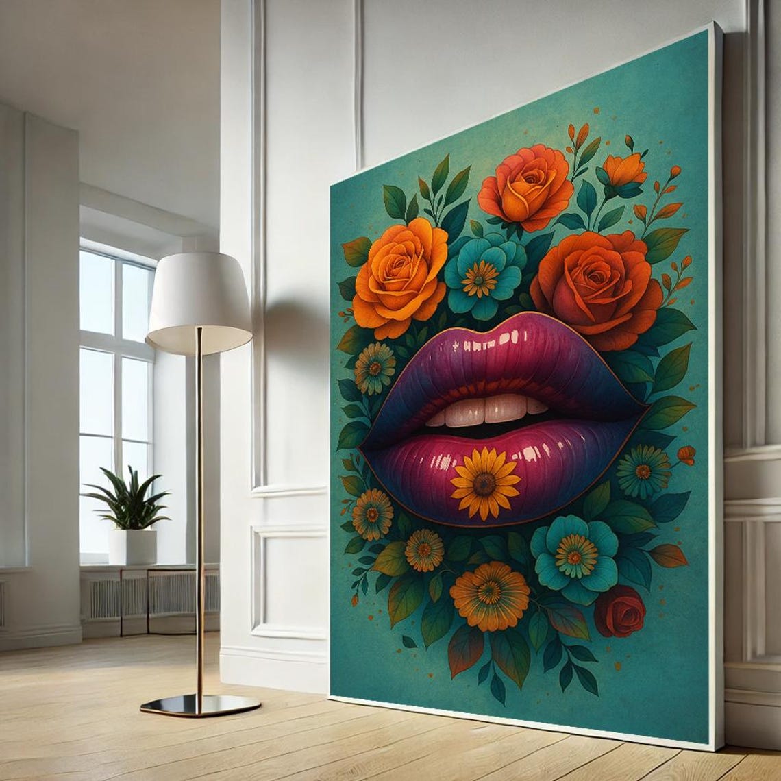 Surreal Purple Lips Floral Botanical Vibrant Pop Art Style Poster