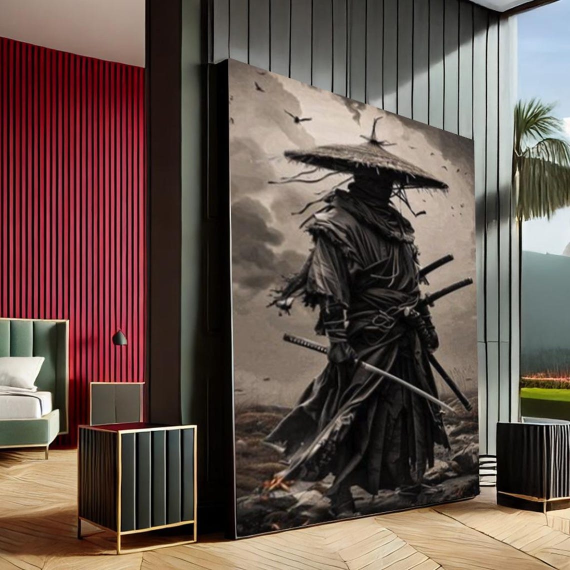 Mystical Monochrome Samurai Warrior Straw Hat Ink Wash Poster