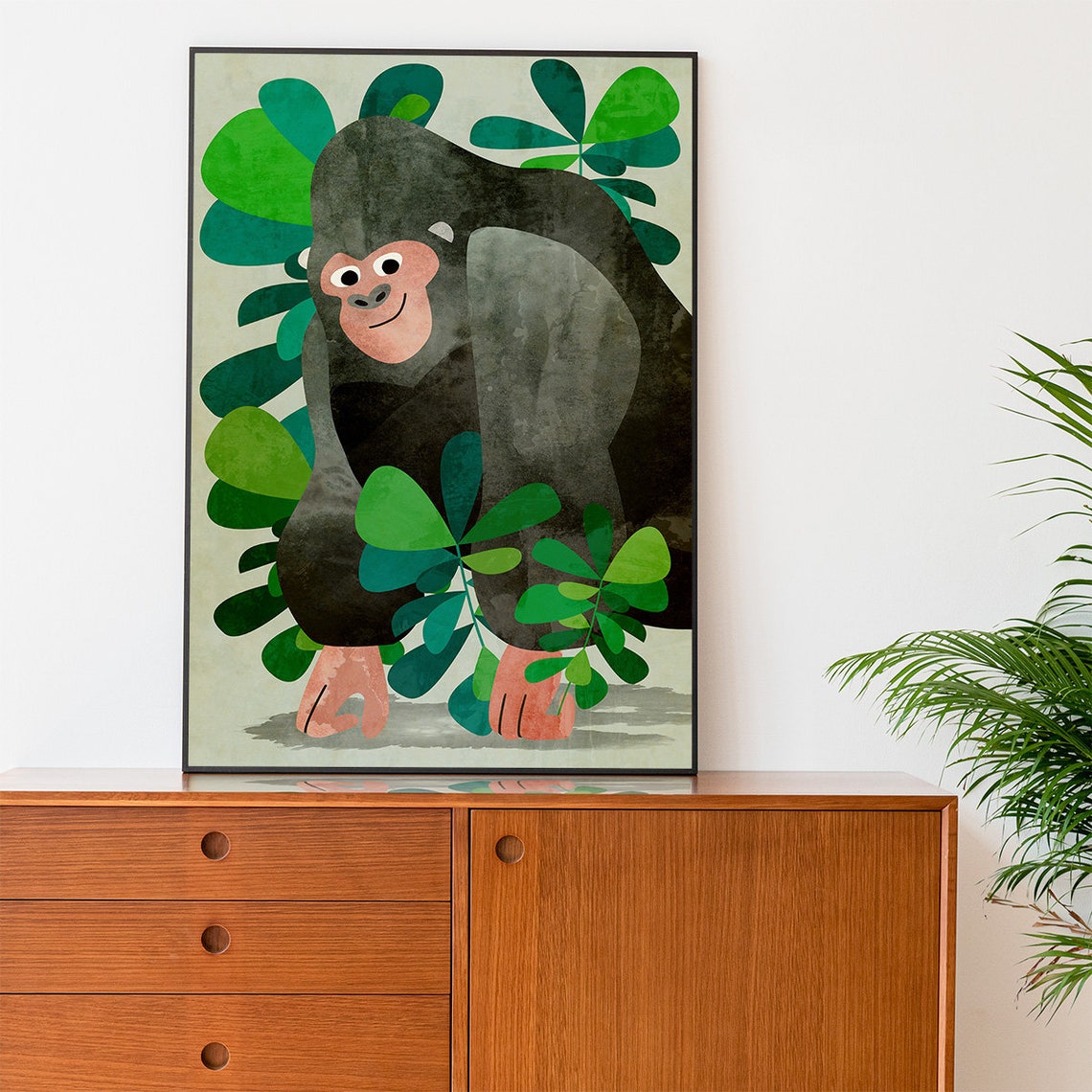 Friendly Gorilla Jungle Leaves Watercolor Nursery Kids Room Art Poster - Image 3