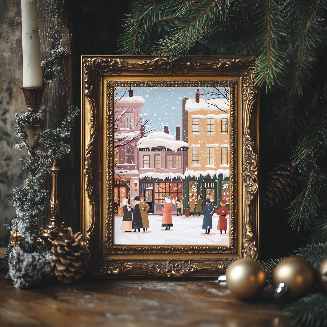 Colorful Retro Christmas Street Decorated Shops Holiday Scene Poster - Image 4