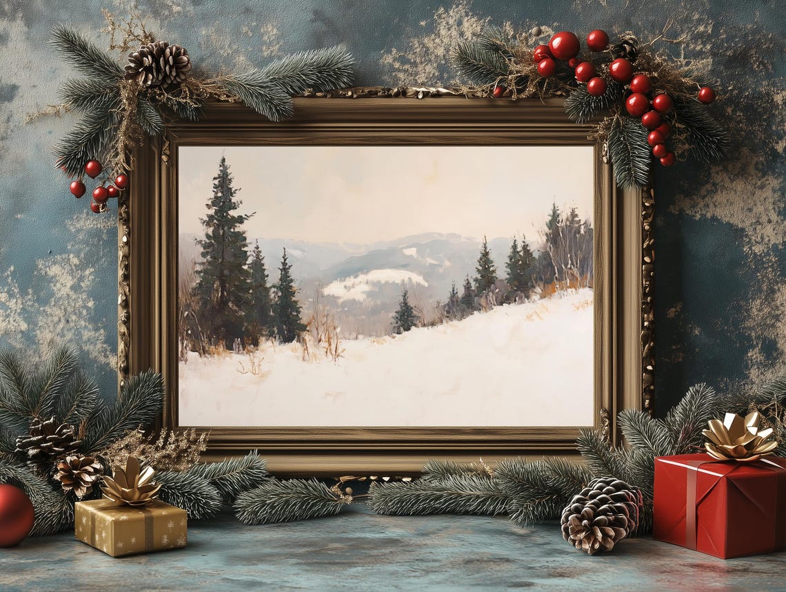 Snowy Hillside Pine Trees Distant Hazy Mountains Warm Light Poster - Image 4