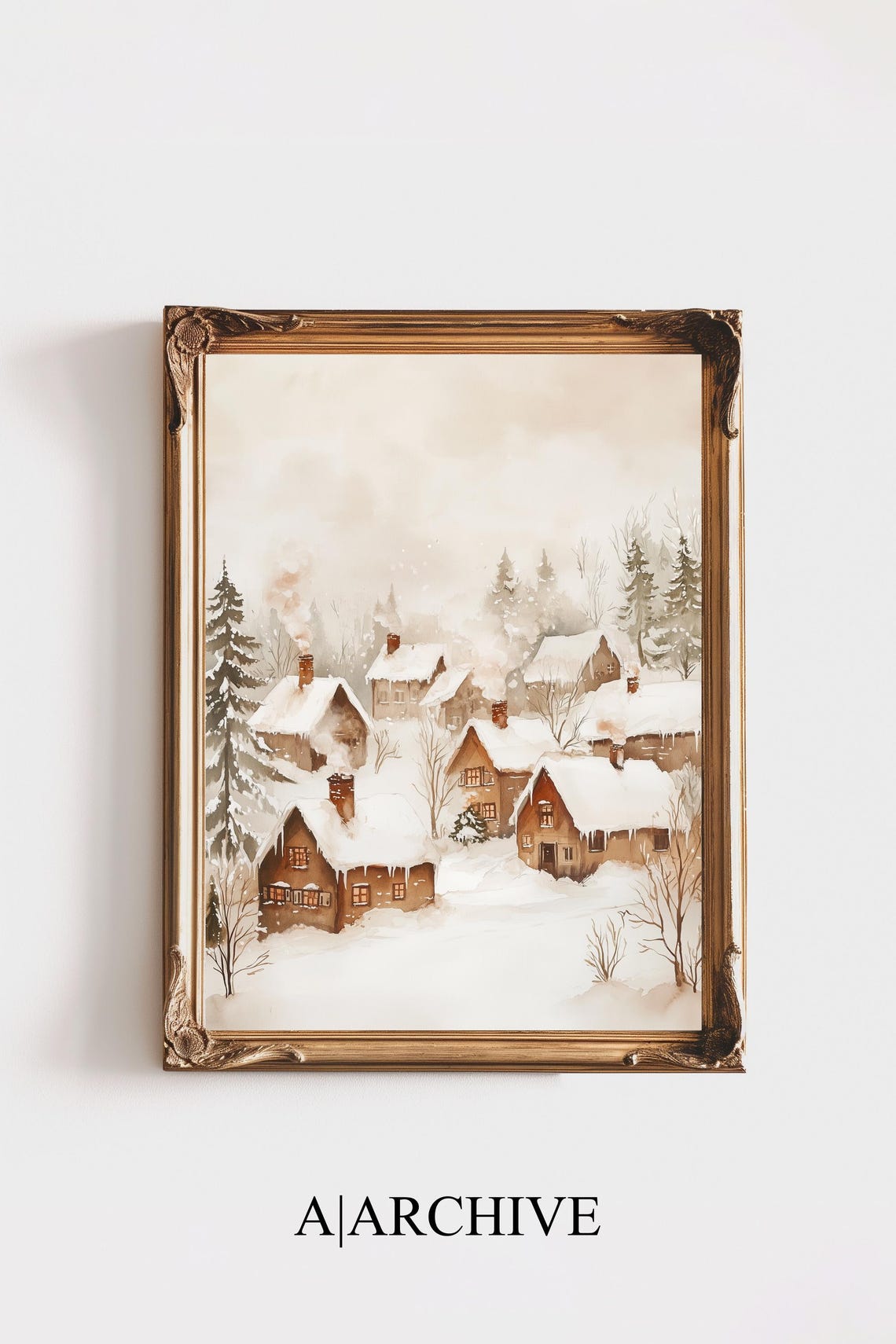 Muted Winter Village Snow Scene Rustic Watercolor Christmas Poster
