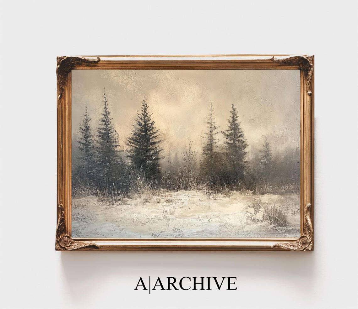 Tall Dark Pine Trees Snowy Field Pale Sky Winter Landscape Poster