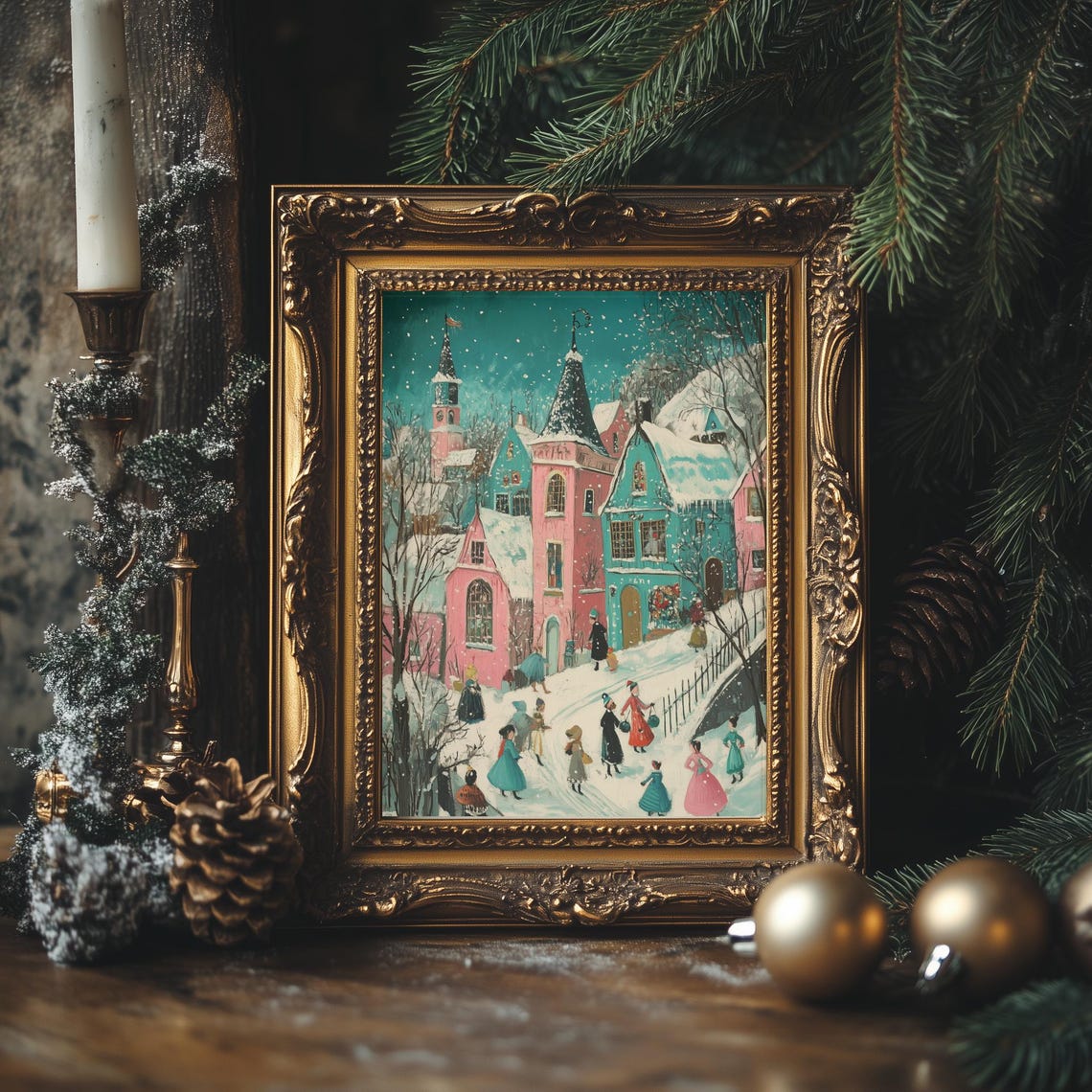 Christmas Village Night Scene Winter Street Retro Holiday Poster - Image 4