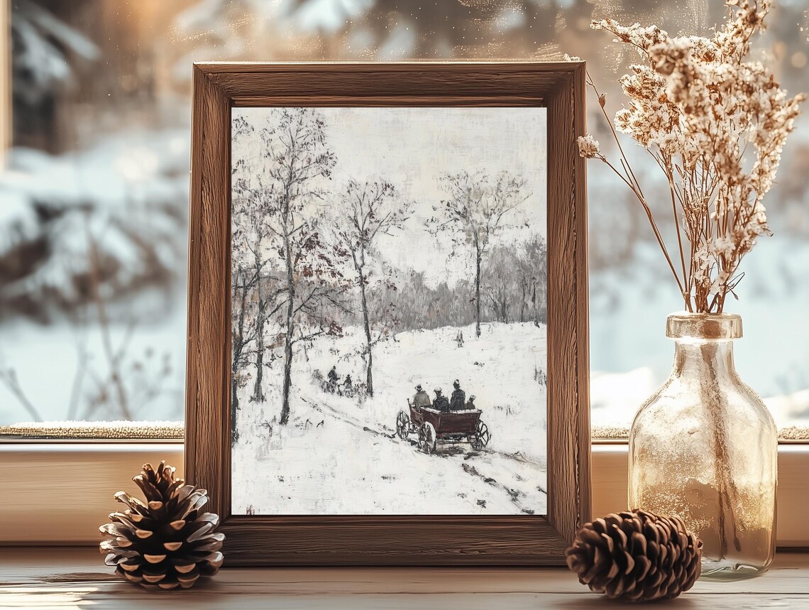 Winter Sleigh Ride Through Snowy Woods Vintage Oil Painting Poster - Image 3