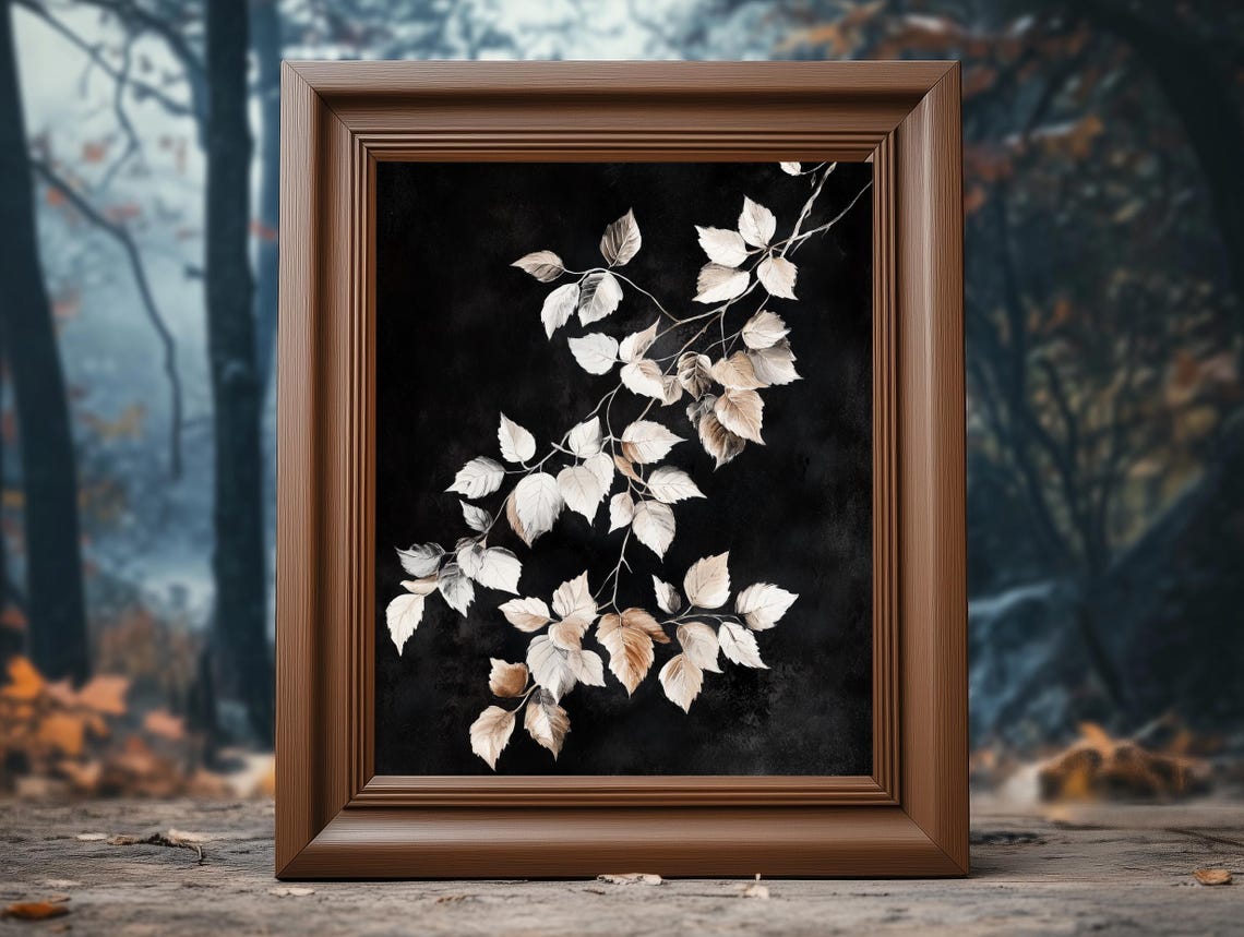 Silver Leaves Branch Black Background Delicate Botanical Art Poster - Image 4