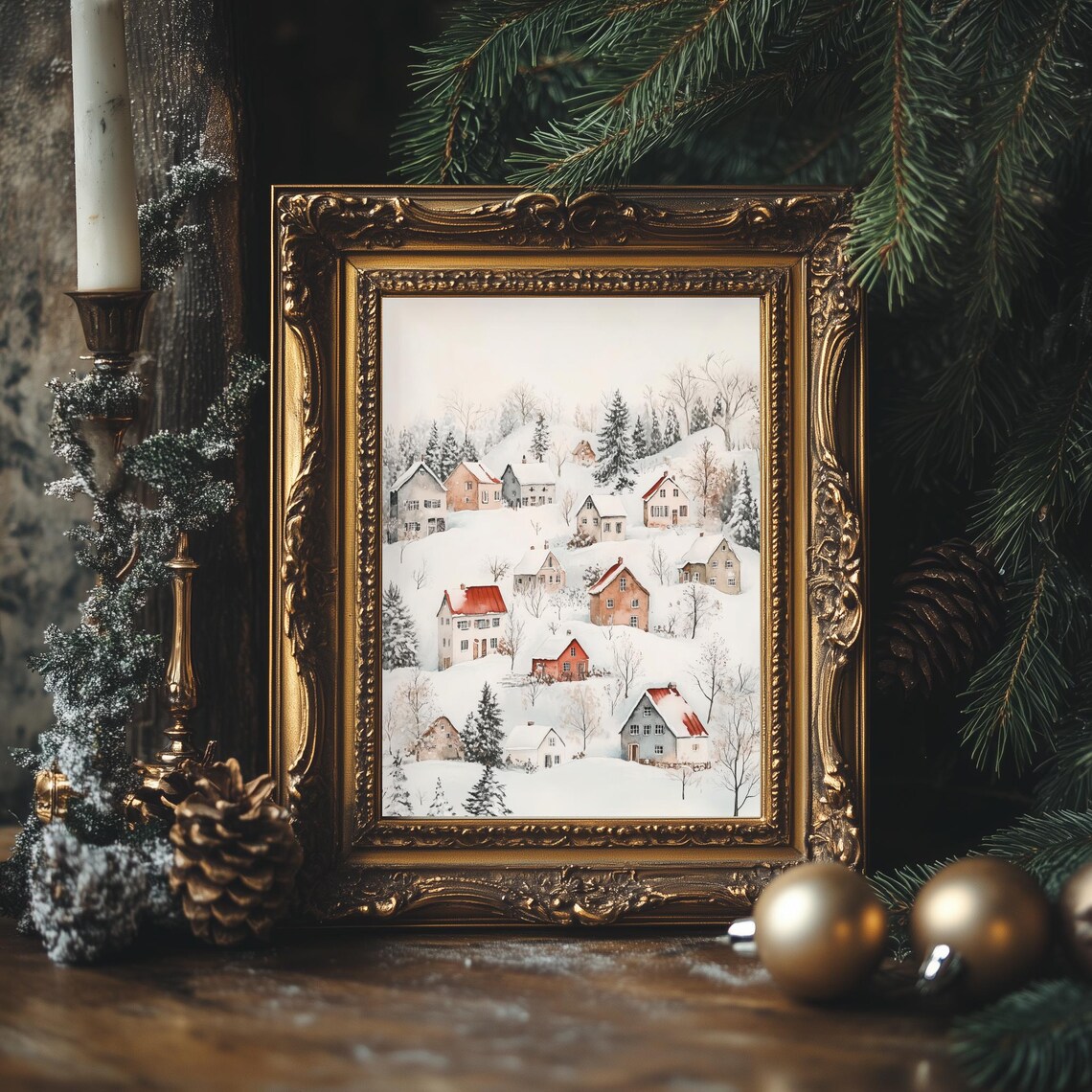 Snowy Hillside Village Red Roof Houses Pines Winter Watercolor Poster - Image 3