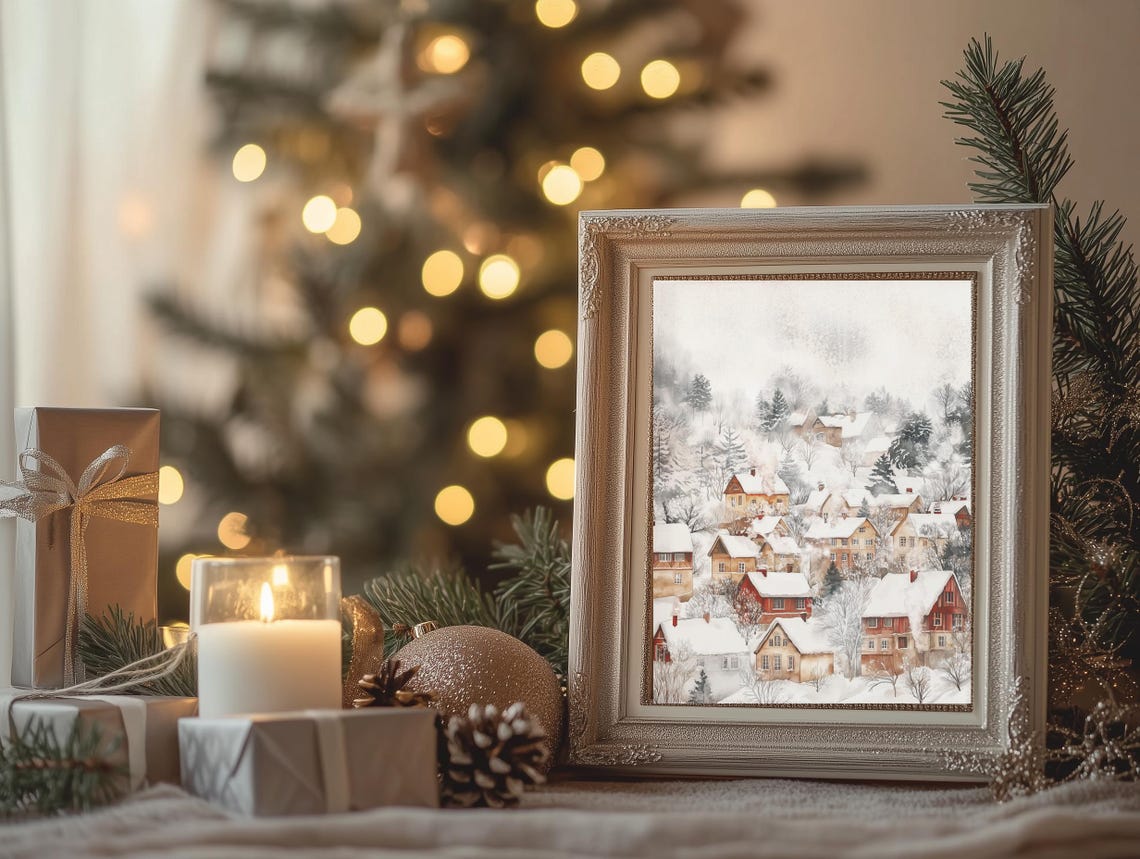 Snow Blanketed Village Falling Snow Red Brown Houses Winter Poster - Image 3