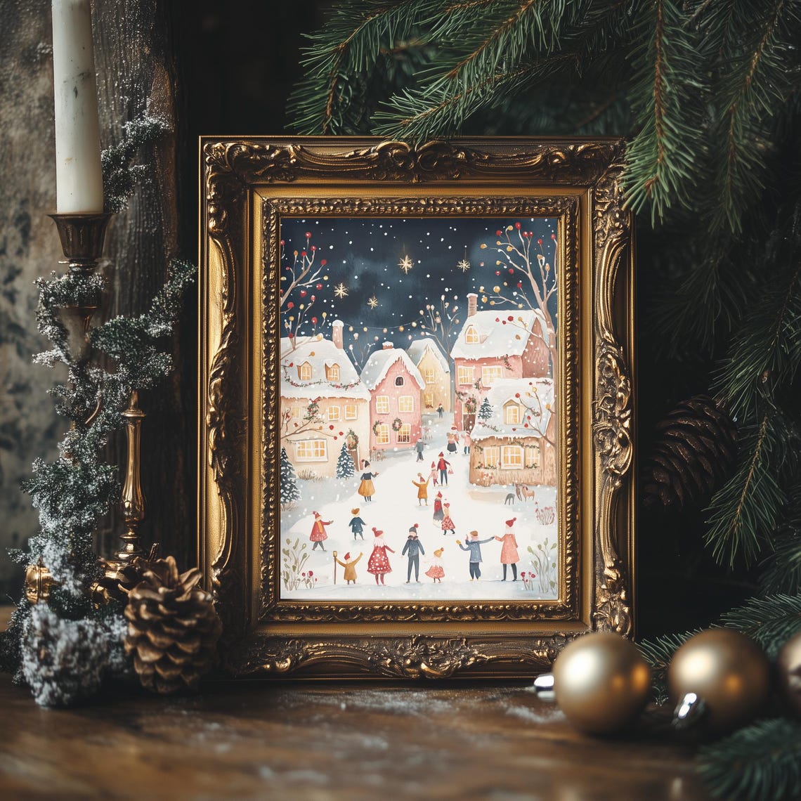 Snowy Christmas Village Night Scene Watercolor Holiday Poster - Image 4