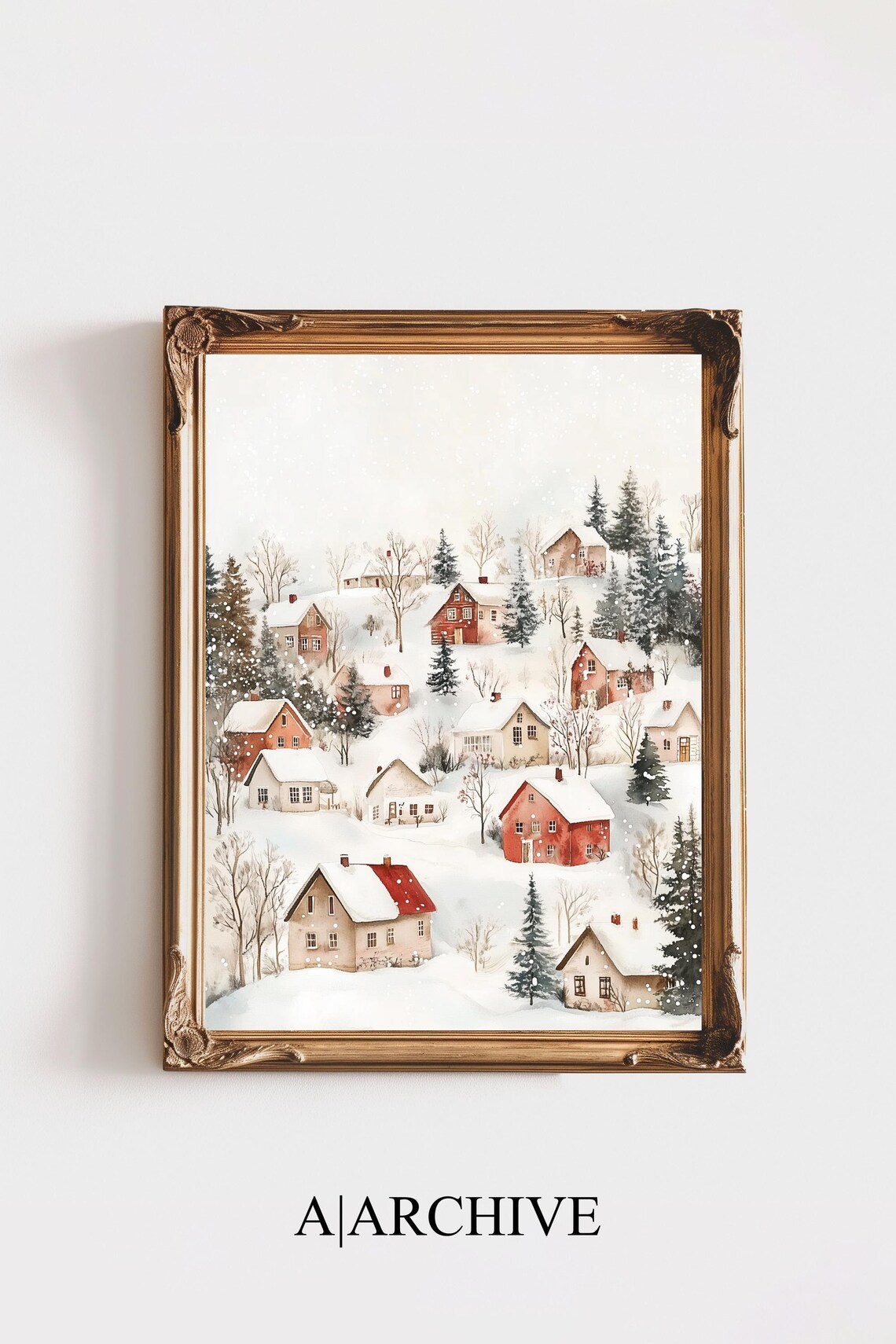 Watercolor Winter Village Snow Scene Red Houses Christmas Poster